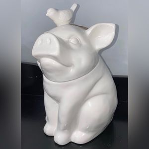 New White Ceramic Pig with bird Cookie Jar